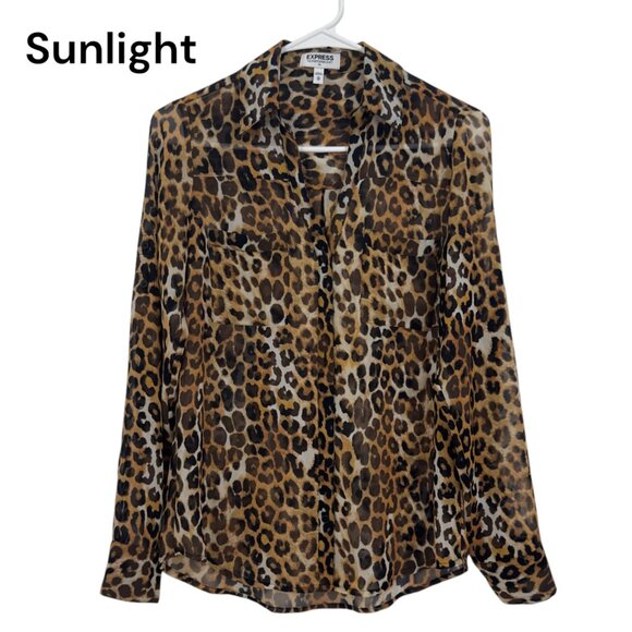 Express Leopard Print Long Sleeve Portofino Shirt Sz XS Sheer Button Down Blouse - Picture 1 of 13
